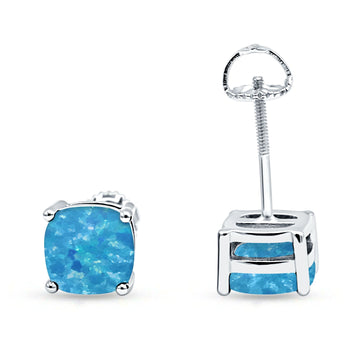 Cushion Stud Earring Solitaire Lab Created Blue Opal 925 Sterling Silver Wholesale